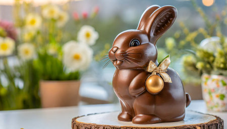 Chocolate Easter bunny with eggs and flowers on the table.の素材