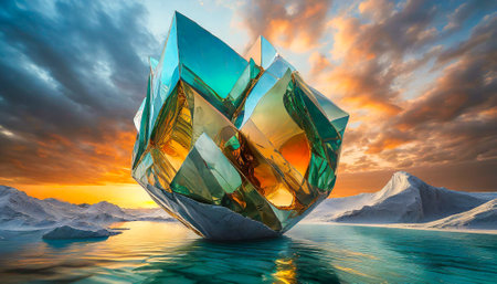 Abstract 3d rendering of a crystal in the ocean at sunset.の素材