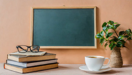 Coffee cup with books and green chalkboard. Back to university conceptの素材