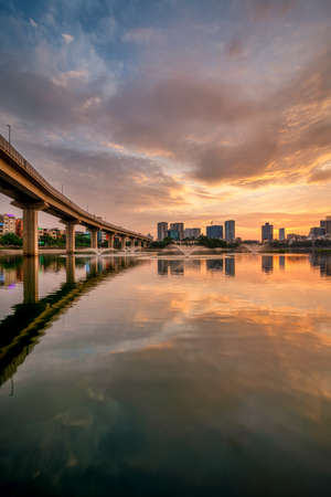 Aerial skyline view of Hanoi at Hoang Cau lake. Hanoi cityscape by sunset periodの写真素材
