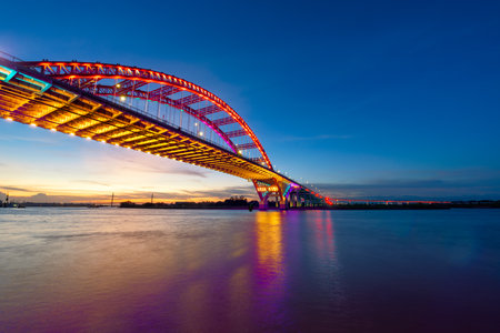 Hoang Van Thu bridge in Hai Phong, Vietnam in sunsetの写真素材