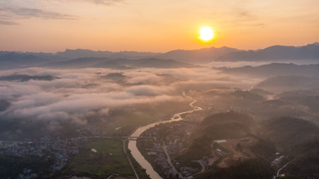 Bac Kan city, Vietnam in early morning with low cloudの写真素材
