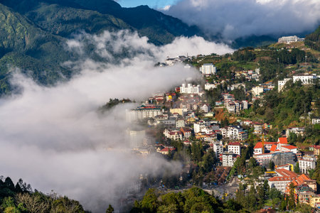 View of Sapa Town, Lao Cai Province, North Vietnam.の写真素材
