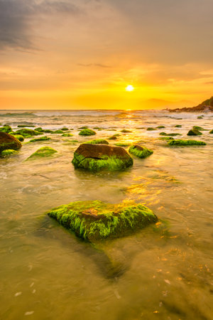 Nam O Beach, Da Nang Beach is a beautiful beach in Danang city , Vietnam. Beautiful moss rocks at the beach is interesting for travel and take a photo.の写真素材