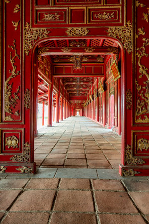Wonderful view of the â Meridian Gate Hue â to the Imperial City with the Purple Forbidden City within the Citadel in Hue, Vietnam. Imperial Royal Palace of Nguyen dynasty in Hue.の写真素材