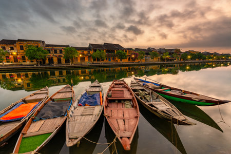 Scenic traditional old yellow houses of Hoi An Ancient Town, Vietnam. Hoian is a popular tourist destination of Asia.の写真素材
