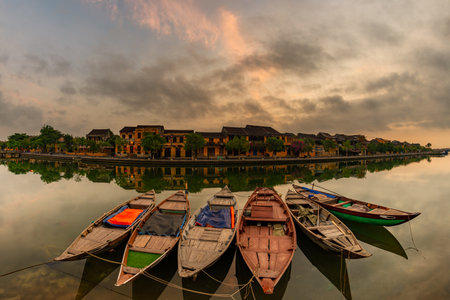 Scenic traditional old yellow houses of Hoi An Ancient Town, Vietnam. Hoian is a popular tourist destination of Asia.の写真素材