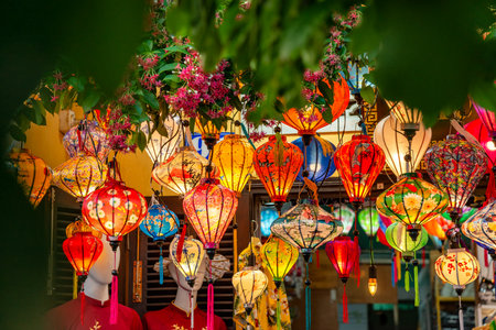 Colorful lanterns spread light on the old street of Hoi An Ancient Town - UNESCO World Heritage Siteの写真素材