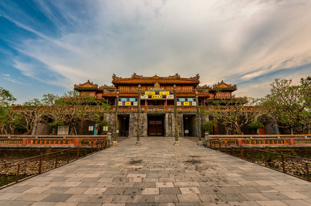 Wonderful view of the â Meridian Gate Hue â to the Imperial City with the Purple Forbidden City within the Citadel in Hue, Vietnam. Imperial Royal Palace of Nguyen dynasty in Hue.の写真素材