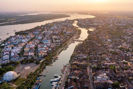 Aerial drone view of Hoi An city, Vietnam. Ancient town, UNESCO world heritage, at Quang Nam province. One of the most popular touristic destinationsの写真素材
