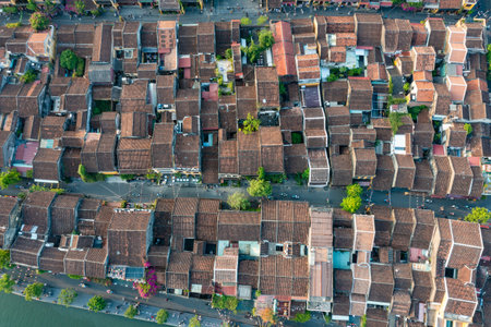 Aerial drone view of Hoi An city, Vietnam. Ancient town, UNESCO world heritage, at Quang Nam province. One of the most popular touristic destinationsの写真素材