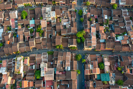 Aerial drone view of Hoi An city, Vietnam. Ancient town, UNESCO world heritage, at Quang Nam province. One of the most popular touristic destinationsの写真素材