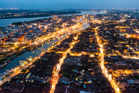 Aerial drone view of Hoi An city, Vietnam. Ancient town, UNESCO world heritage, at Quang Nam province. One of the most popular touristic destinationsの写真素材