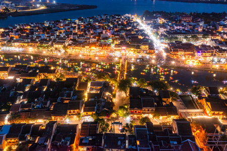 Aerial drone view of Hoi An city, Vietnam. Ancient town, UNESCO world heritage, at Quang Nam province. One of the most popular touristic destinationsの写真素材