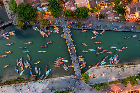 Aerial drone view of Hoi An city, Vietnam. Ancient town, UNESCO world heritage, at Quang Nam province. One of the most popular touristic destinationsの写真素材