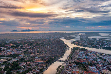 Aerial drone view of Hoi An city, Vietnam. Ancient town, UNESCO world heritage, at Quang Nam province. One of the most popular touristic destinationsの写真素材