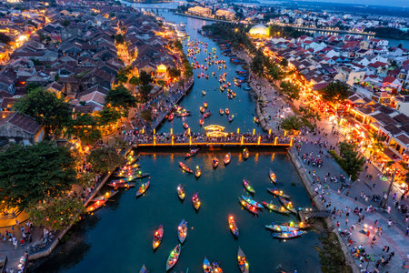 Aerial drone view of Hoi An city, Vietnam. Ancient town, UNESCO world heritage, at Quang Nam province. One of the most popular touristic destinationsの写真素材