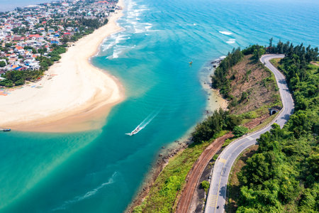 Aerial view of Lang Co bay and beach, Hai Van pass, Lap An lagoon, Hue, Vietnam.の写真素材
