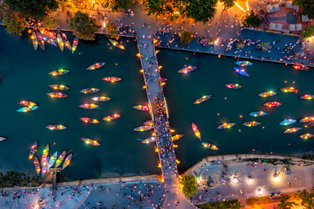 Aerial drone view of Hoi An city, Vietnam. Ancient town, UNESCO world heritage, at Quang Nam...