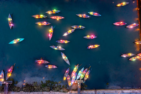 Aerial drone view of Hoi An city, Vietnam. Ancient town, UNESCO world heritage, at Quang Nam...