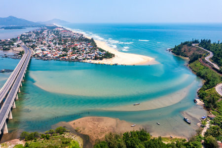Aerial view of Lang Co bay and beach, Hai Van pass, Lap An lagoon, Hue, Vietnam.