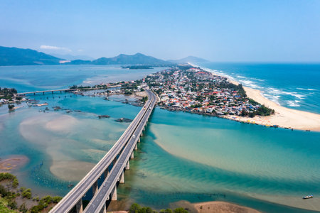 Aerial view of Lang Co bay and beach, Hai Van pass, Lap An lagoon, Hue, Vietnam.の写真素材