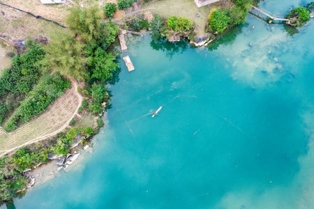 Aerial landscape in Quay Son river, Trung Khanh, Cao Bang, Vietnam with nature, green rice fields...