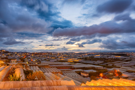 Glass house at sunset in Dalat city, Vietnamの写真素材
