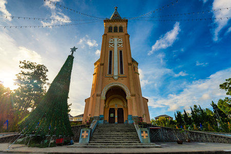 Church in the city of Da Lat , highland Da Lat city fog in the morningの写真素材