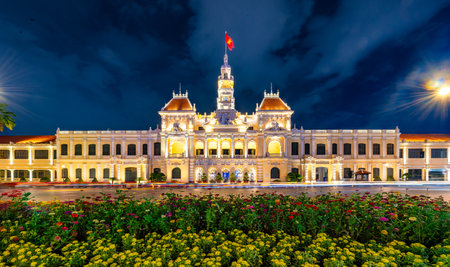Ho Chi Minh City Hall or Saigon City Hall or Committee Head office is a building in a French colonial style in Ho Chi Minh City, Vietnamの写真素材
