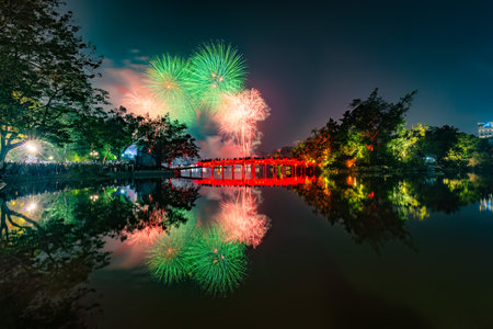Fireworks night at Hoan Kiem Lake on 2025 New Year's Eveの写真素材