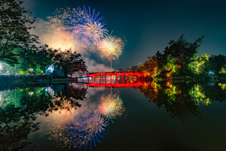 Fireworks night at Hoan Kiem Lake on 2025 New Year's Eveの写真素材