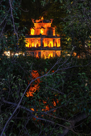 Turtle Tower in Hanoi illuminated at night, glowing warmly behind lush green branches, reflected in the peaceful Hoan Kiem Lakeの写真素材