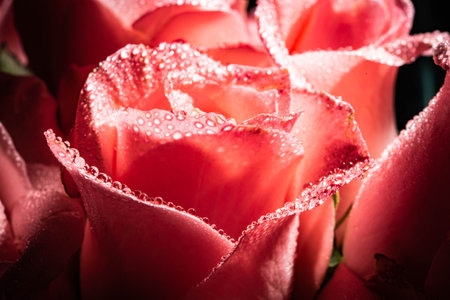 Beautiful pink roses with water drops on petals, closeupの写真素材