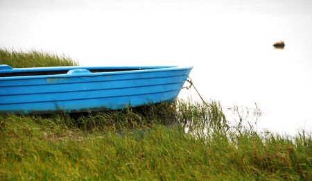Blue row boat on the shores of a tranquil lakeの写真素材