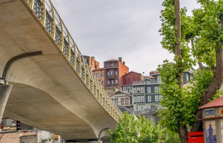 Istanbul, Turkey June 15, 2019: Golden Horn view of new built Halic Metro Bridge, vintage filter...