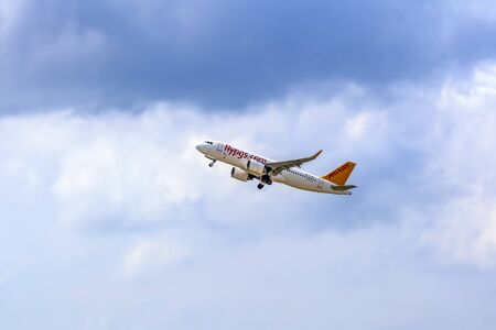 ISTANBUL, TURKEY - JUNE 16, 2019: Pegasus Airlines aeroplane in Istanbul Sabiha Gokcen International Airportのeditorial素材