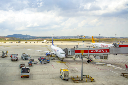 Aeroplane of Pegasus Airlines taxiing in Istanbul Sabiha Gokcen International Airport in the early morning,のeditorial素材