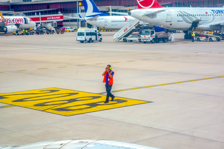 Istanbul / Turkey- June 14,2019: Aeroplane of Pegasus Airlines taxiing in Istanbul Sabiha Gokcen International Airport in the early morning,のeditorial素材
