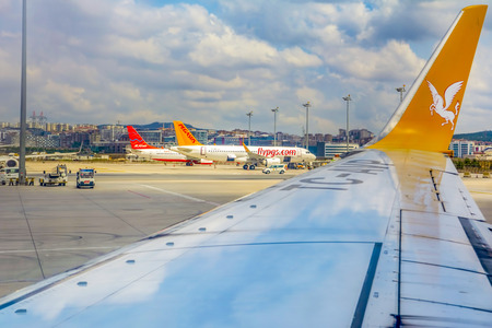 Istanbul / Turkey- June 14,2019: Aeroplane of Pegasus Airlines taxiing in Istanbul Sabiha Gokcen International Airport in the early morning,のeditorial素材