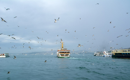 Istanbul, Turkey June 13, 2019: Muslim architecture and water transport in Turkey - Beautiful View touristic landmarks from Bosphorus. Cityscape of Istanbul at sunset - old mosque and turkish steamboats, view on Golden Horn.のeditorial素材
