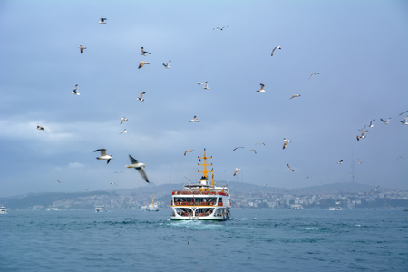 Istanbul, Turkey June 13, 2019: Muslim architecture and water transport in Turkey - Beautiful View touristic landmarks from Bosphorus. Cityscape of Istanbul at sunset - old mosque and turkish steamboats, view on Golden Hornのeditorial素材