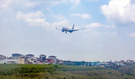 Istanbul Turkey - April 11, 2019: Aeroplane of Pegasus Airlines taxiing in Istanbul at the early morning, Sabiha Gokcen International Airportのeditorial素材