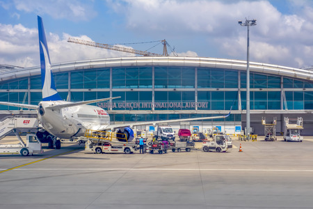 Istanbul Turkey - April 11, 2019: Aeroplane of Pegasus Airlines taxiing in Istanbul at the early morning, Sabiha Gokcen International Airportのeditorial素材
