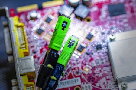 Close up Fiber Optic cables connected