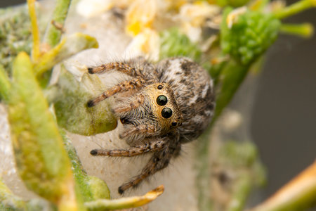jumping spider on plant in nature. super macro close up photo