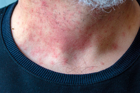Close up of acne on the skin of a man. Skin problem.