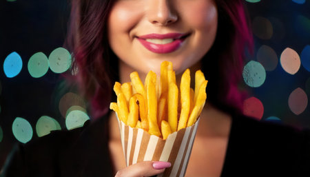 Close-up of a woman holding french fries against bokeh backgroundの素材