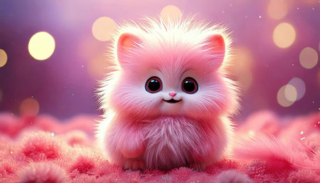 Cute fluffy kitten on pink background with bokeh effect.の素材