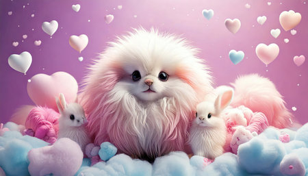 Cute fluffy white pomeranian dog with pink hearts and bunny on a pink backgroundの素材